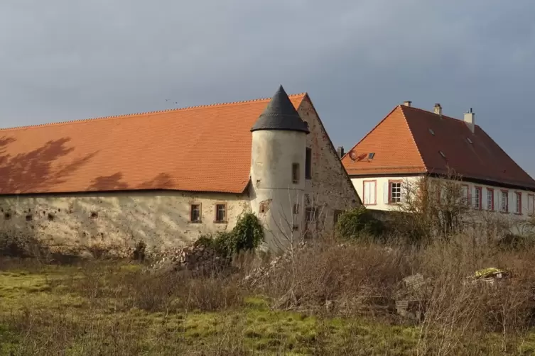 Am Ortsrand: Turm der ehemaligen bisch&ouml;flichen Burg in Dirmstein, mit Amtshaus (rechts) und neuerem Landwirtschaftstrakt (links)