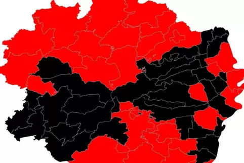 Die Karte der gewonnenen Verbandsgemeinden und Städte in der Pfalz zeigt eine schwarze Achse von Zweibrücken bis Frankenthal und