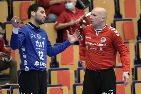  Die Torhüter Martin Tomovski (links) und Gorazd Škof verlassen die Eulen Ludwigshafen nach dieser Saison. 