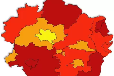 Die Corona-Ampelfarben der Pfalz: Am Sonntag ist nur noch die Stadt Kaiserslautern gelb, das heißt unter dem Inzidenzwert von 35