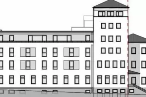Modellzeichnung: Der Bereich links an der Oberen Langgasse wird neu gebaut; der Turm und der Bereich rechts davon bleiben stehen