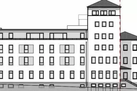 Modellzeichnung: Der Bereich links an der Oberen Langgasse wird neu gebaut; der Turm und der Bereich rechts davon bleiben stehen