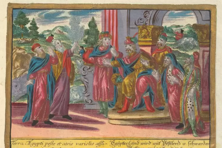 Kupfertafel „Egypten wird mit Pestilenz und schwarzen Blattern geplaget“ von 1720.