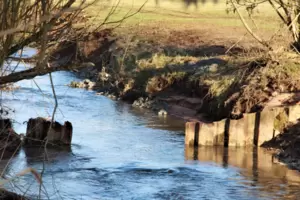 Beim Westwallbau wurden diese Stahlbleche in die Felsalb gerammt. Bei Niedrigwasser wirken sie auch in der Mitte wie Staumauern. Beim Westwallbau wurden diese Stahlbleche in die Felsalb gerammt. Bei Niedrigwasser wirken sie auch in der Mitte wie Staumauern.