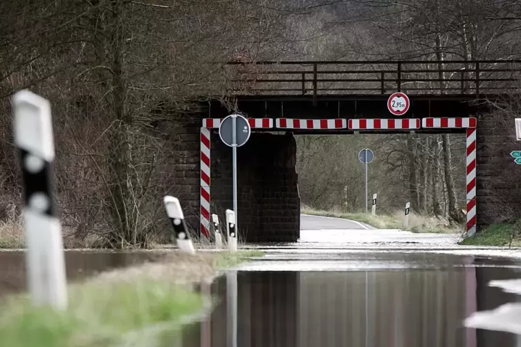Alt und marode: die Bahnbrücke zwischen Wörschweiler und Ingweiler, hier bei einem Frühjahrs-Blieshochwasser.: 