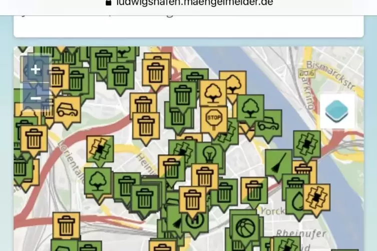 Die Kategorien und ihre Symbole auf der M&auml;ngelmelder-Karte der Stadt im Netz. Gr&uuml;n gef&auml;rbt sind die gel&ouml;sten Anliegen.