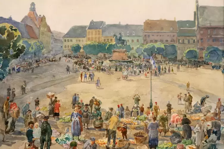 August Croissants Aquarell &bdquo;Wochenmarkt, Paradeplatz&ldquo; (1925)