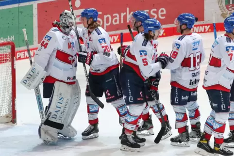Zu Dank verpflichtet: Die Adler-Spieler feiern Torwart Dennis Endras. 