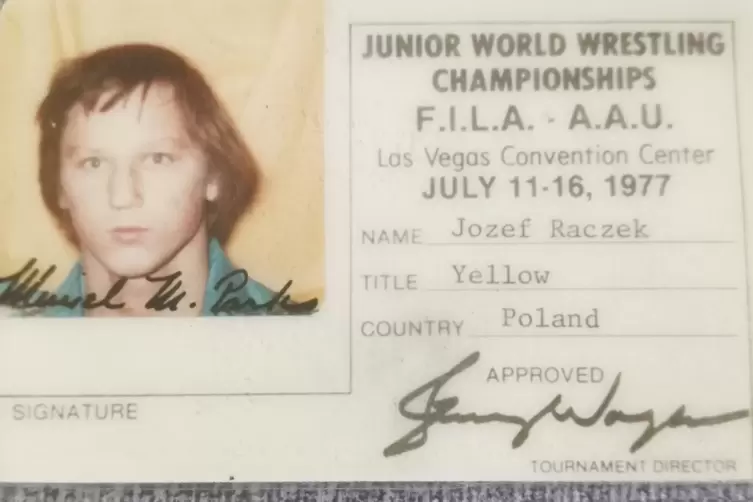 Jozef Raczeks Teilnehmer-Ausweis bei den Junioren-Weltmeisterschaften 1977 in Las Vegas, wo er den vierten Platz erreichte.