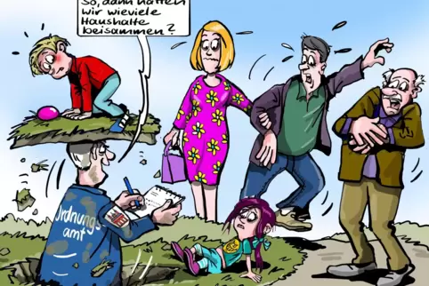 Überraschung bei der Ostereiersuche: Corona-Kontrolle durchs Ordnungsamt, wie sie sich unser Karikaturist Uwe Herrmann vorstellt