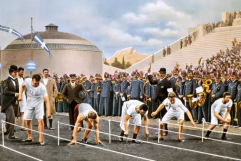 Der Start zum 100-m-Lauf bei den ersten Olympischen Spiele der Neuzeit in Athen. 