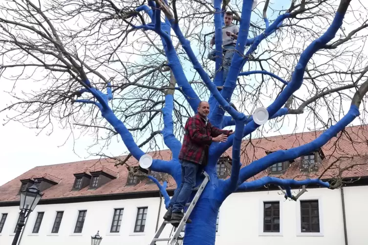Ein Baum wird zum Kunstwerk: Thomas Brenner und sein Sohn Emile im Geäst des Wadgasserhofs.