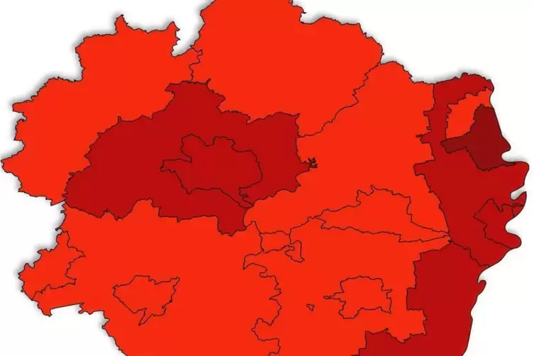 Die Inzidenz liegt in allen Pfälzer Kreisen und kreisfreien Städten über der 50er-Marke. Die Rottöne zeigen – je dunkler – die M