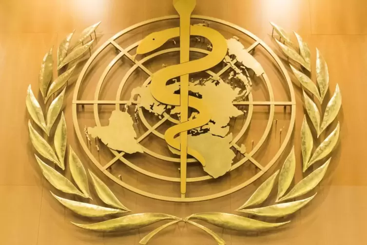 Das Logo der WHO im europäischen Hauptquartier der Vereinten Nationen in Genf. 
