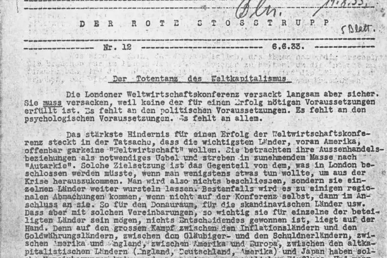 So sahen die Flugbl&auml;tter des Roten Sto&szlig;trupp aus, die 1933 auch in der Pfalz verteilt wurden. 