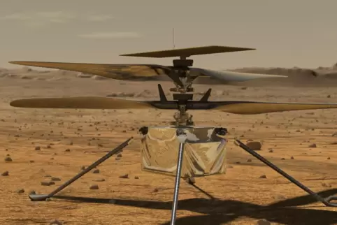 „Ingenuity“ (deutsch: Einfallsreichtum) steht auf der Mars-Oberfläche. 