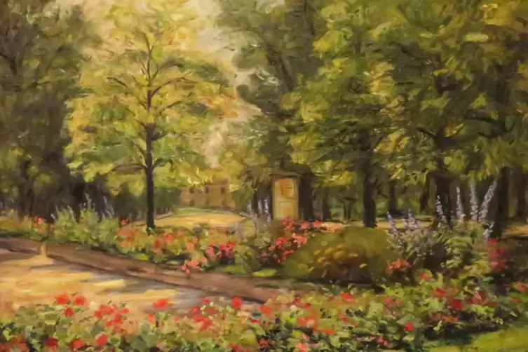 Der Germersheimer Maler Hugo Fischbach das Aussehen des „Rosengartens“ in den 1940er Jahren in diesem Gemälde festgehalten.