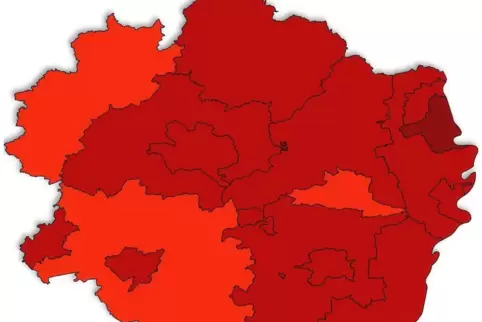 Sieben-Tage-Inzidenz: Ludwigshafen liegt über der 200er-Marke (dunkelrot), Neustadt sowie die Kreise Kusel und Südwestpfalz unte