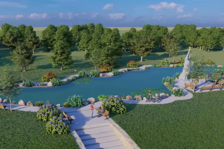 Rund um die Freiheitsstaue soll eine Parkanlage mit Teich für die Bewohner entstehen. Obstbäume sollen als Lärmwall zur B10 gepf
