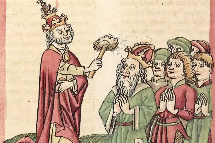 Papst Gregor V. krönt Kaiser Otto III.: Aus der Papst-Kaiser-Chronik des Martin von Troppau, um 1460.