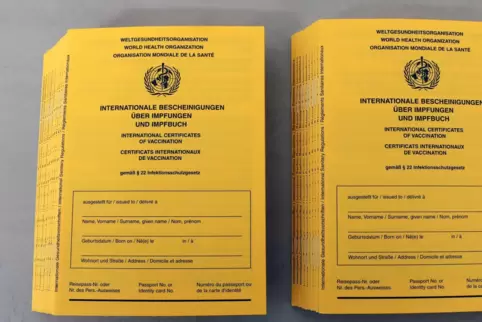 In einem Gesundheitsamt liegen Stapel von Impfausweis-Vordrucken bereit. 