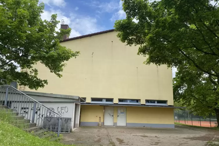 Die Westfassade der Sporthalle – die schwarzen Punkte sind Spechtlöcher.