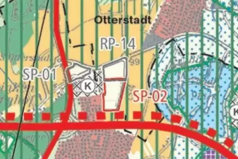 Karte im Regionalplan: Markiert sind die Flächen für Gewerbe SP-01 und RP-14 sowie für Wohnen SP-02. RP-14 gehört zu Otterstadt.