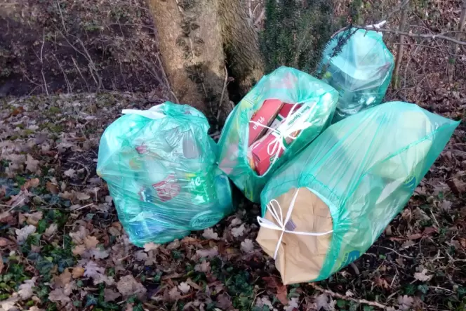 Acht solcher Tüten haben Unbekannte in den Moosgraben geworfen.