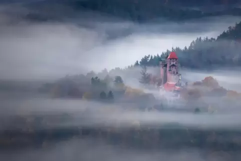 Romantische Impressionen, wie die Burg Berwartstein im Nebel, sind in der Fotoausstellung im Haus der Nachhaltigkeit in Johannis