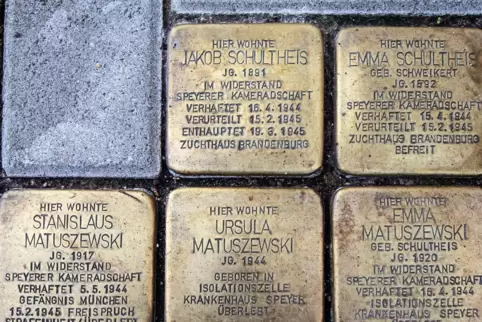 Stolpersteine in der Straße Im Lenhart: Erinnerung an in der NS-Zeit verfolgte Mitglieder der Familie Schultheis/Matuszewski.