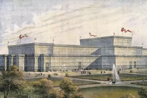 Fast wie eine barocke Schlossanlage: der Münchner Glaspalast auf einem kolorierten Stahlstich von 1854.