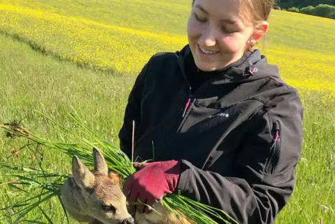 In Sicherheit: Anna Steffens vom Lions Club Winnweiler mit einem Rehkitz, das die Helfer im hohen Gras entdeckt haben.