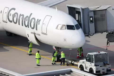 Eine Condor-Maschine auf dem Flughafen Leipzig/Halle. 