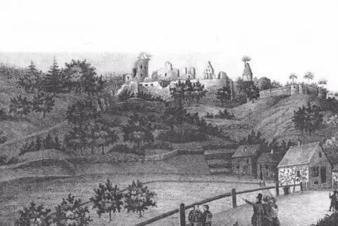 Die „Ansicht der Ruine Hardenburg“, eine Lithografie von J. Rheinberger, Dürkheim, aus „Das Soolbad Dürkheim und seine Umgebunge