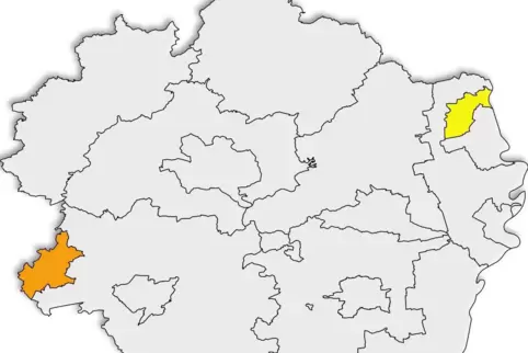 Frankenthal und Zweibrücken sind noch eingefärbt auf der Karte. 
