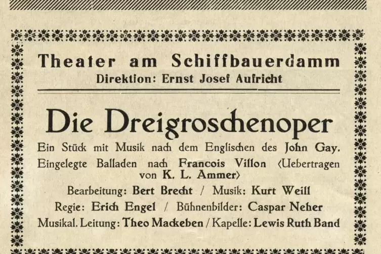 F&uuml;r die &bdquo;Dreigroschenoper&ldquo; von Brecht/Weill engagierte der musikalische Leiter Theo Mackeben die Band von Ludwig R&uuml;th.