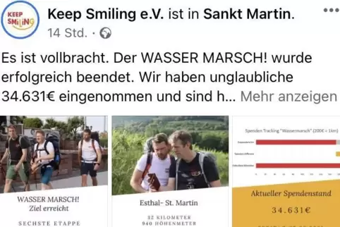 Die Freude über den Erfolg des Spendenmarschs verbreitete Keep Smiling auch über die Sozialen Netrzwerke. Das Spendenkonto für e