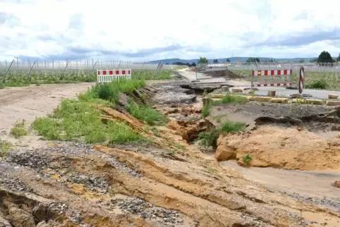 Ein neu asphaltierter Wirtschaftsweg im Süden von Weisenheim am Sand wurde von den Wasssermassen am Mittwochnachmittag zum große