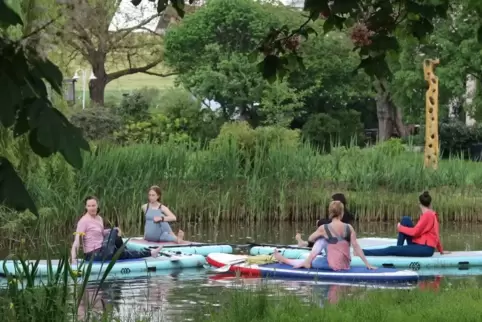 „Verleiht Gleichgewicht und lebendige Gelassenheit“, sagt Yoga-Lehrerin Taina Nacke-Langenstein (vorne rechts) über das SUP-Yoga