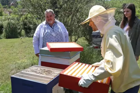 Hobby-Imker Robert Leiser (links) ist am Bienenstock immer an der Seite der Azubis Maximilian Staschinski und Tina Stübinger.