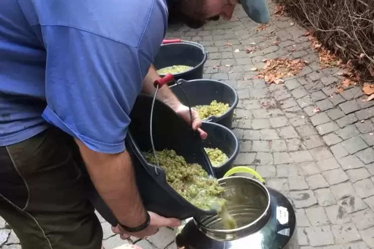 Jens Schreiber bereitet mit zerquetschten Trauben einen natürlichen Gäransatz zu. 