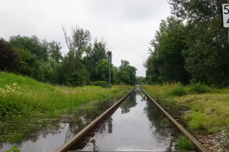 &Uuml;berflutet: Die Bahnlinie zwischen Berg und Neuburg.