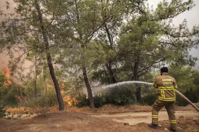 Verzweifelt k&auml;mpfen Feuerwehrleute (wie hier in der T&uuml;rkei) im ganzen Mittelmeerraum gegen die Flammen.