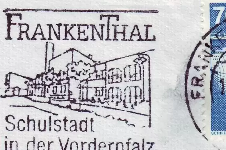 Mit diesem Werbestempel pr&auml;sentierte sich Frankenthal Ende der 1980er-Jahre als Schulstandort. 