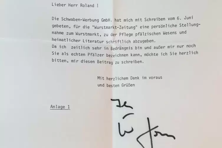 Brief an einen &bdquo;echten Pf&auml;lzer&ldquo;: ein Schreiben von Helmut Kohl an Berthold Roland.