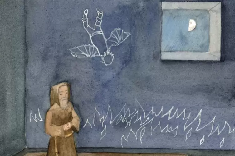 Ein weiteres Aquarell aus dem Buch &bdquo;Leonardos Flugmaschinen&ldquo;.