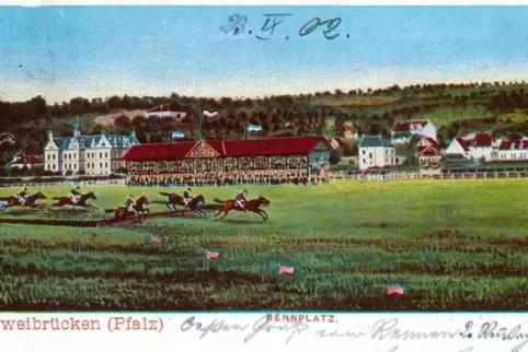 Diese Lithographie zeigt eine Szene beim Jagdrennen aus dem Jahr 1903. Links hinter der Tribüne ist das Hilgardhaus zu erkennen.