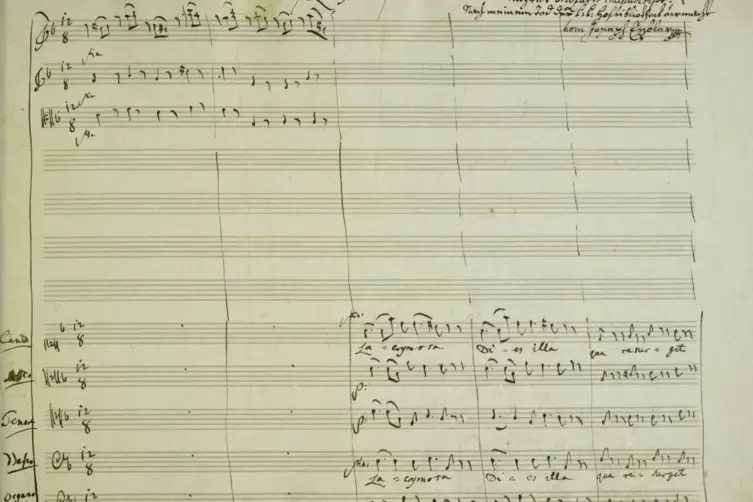 Wahrscheinlich die letzten Noten, die Mozart geschrieben hat: die ersten fünf Takte des Lacrymosa am Ende der Sequenz im Requiem