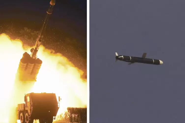 Diese Fotos der , das von Nordkoreas offizieller Zentraler Nachrichtenagentur Nordkoreas, KCNA, zeigen Abschuss und Flug eines M