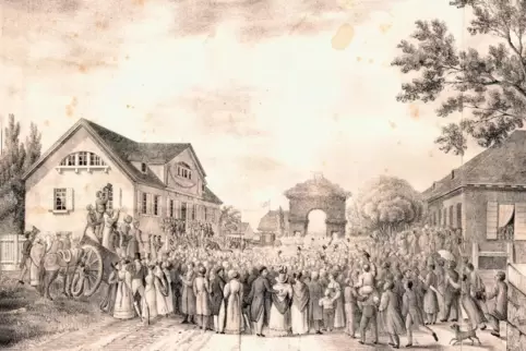 7. Juni 1829: Ankunft Ihrer Majestäten des Königs Ludwig und der Königin Therese von Bayern in der Rheinschanze gegenüber von Ma